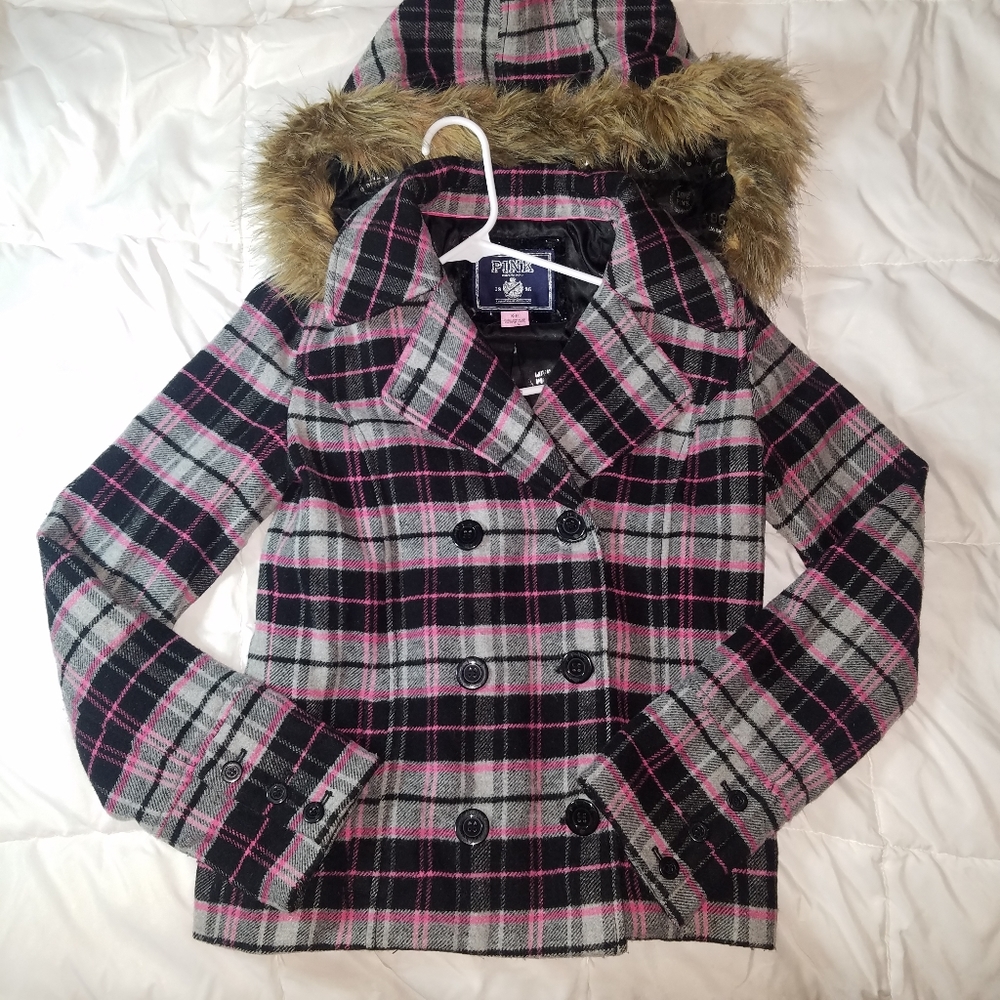 Victoria's Secret PINK Plaid Wool Pea Coat.